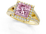 Yellow gold Fancy Pink Princess  Halo Split Shank Diamond Ring with Prong Setting_1