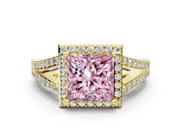Yellow gold Fancy Pink Princess  Halo Split Shank Pave Diamond Ring with Four-Prong Setting