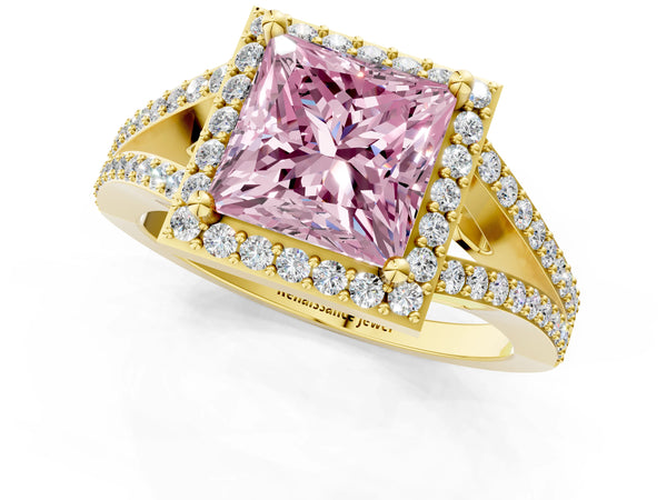 Yellow gold Fancy Pink Princess  Halo Split Shank Pave Diamond Ring with Four-Prong Setting