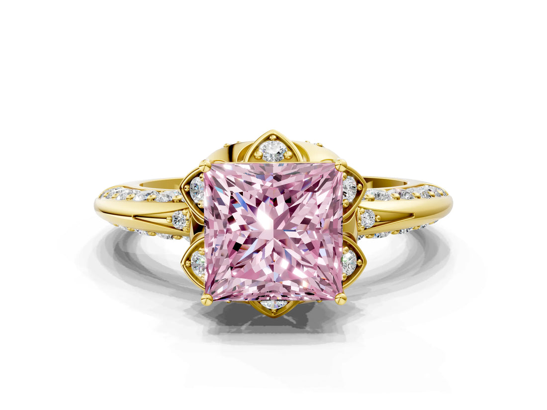 Yellow gold Fancy Pink Princess  Halo Split Shank Pave Diamond Ring with Petal Prong Setting_20