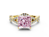 Yellow gold Fancy Pink Princess  Halo Twist Band Solitaire Prong Setting Ring