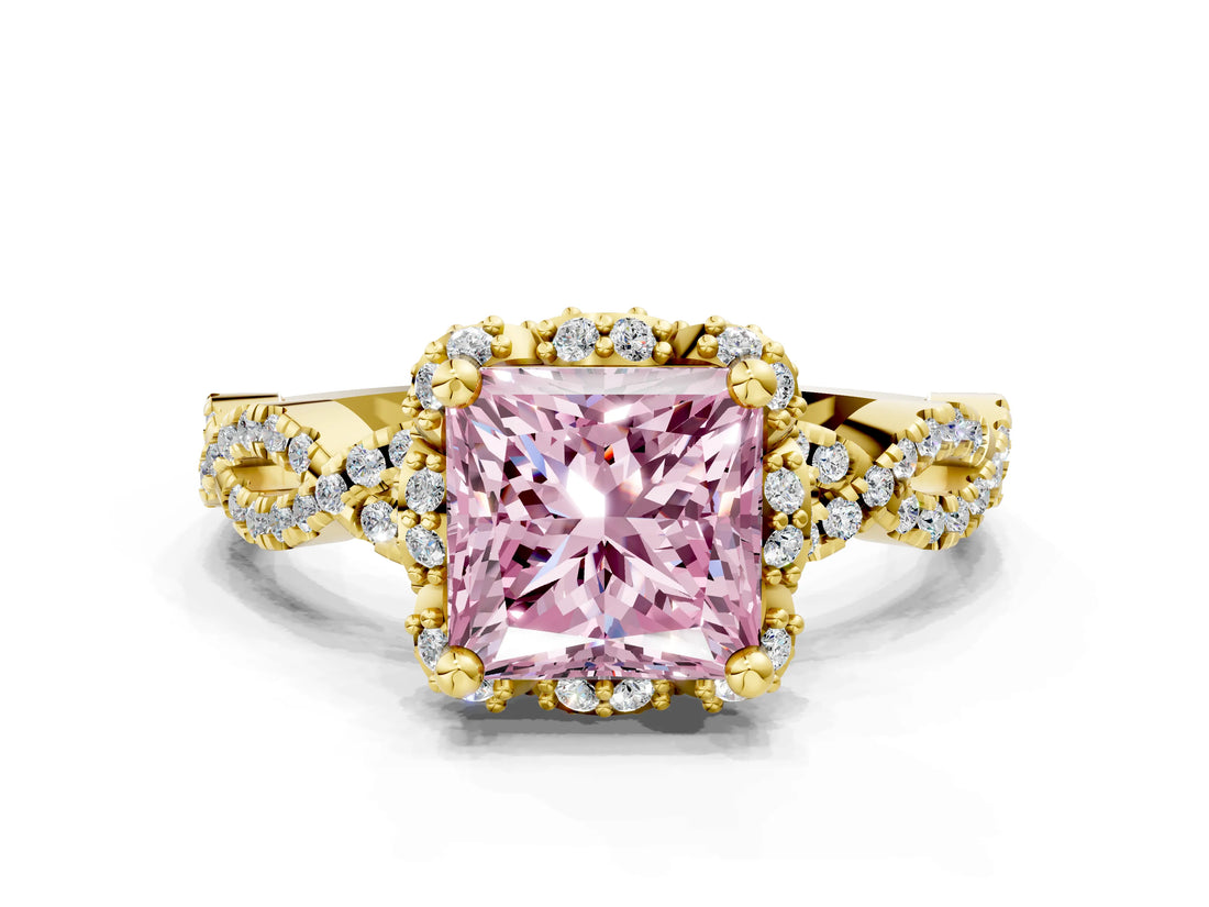 Yellow gold Fancy Pink Princess  Halo Twist Band Solitaire Ring with Six-Prong Setting_32