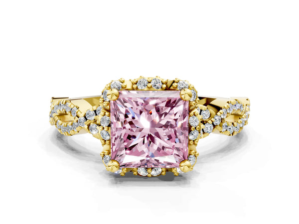 Yellow gold Fancy Pink Princess  Halo Twist Band Solitaire Ring with Six-Prong Setting