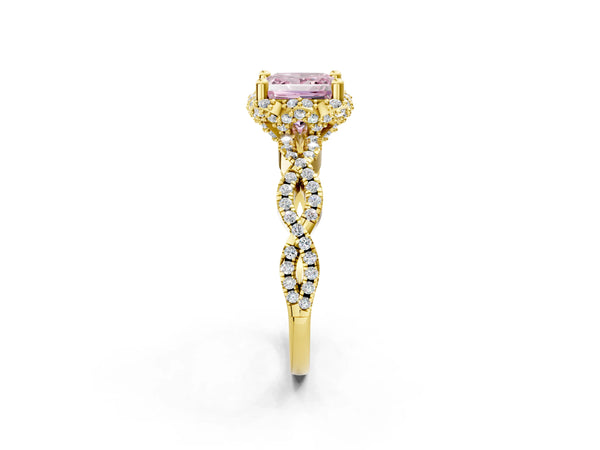 Yellow gold Fancy Pink Princess  Halo Twist Band Solitaire Ring with Six-Prong Setting