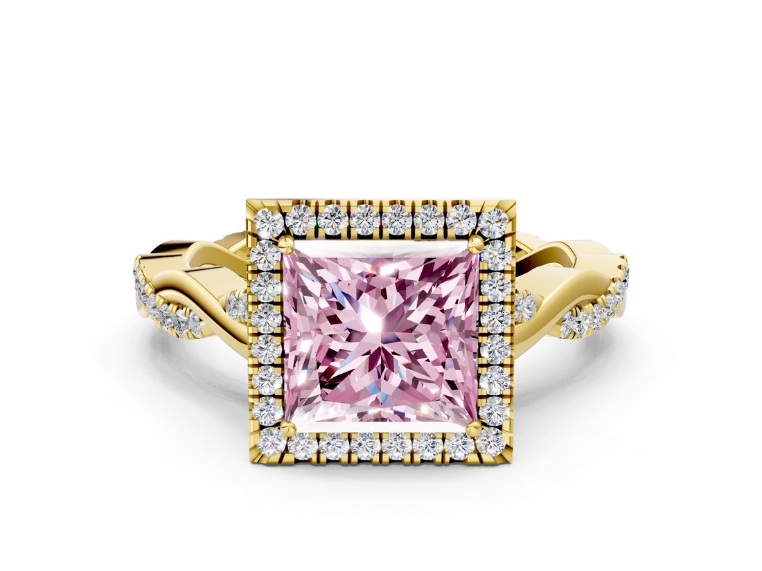 Yellow gold Fancy Pink Princess  Halo Twist Band Solitaire Ring