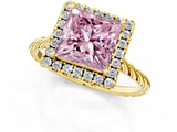 Yellow gold Fancy Pink Princess  Halo Twisted Band Four-Prong Diamond Ring_1