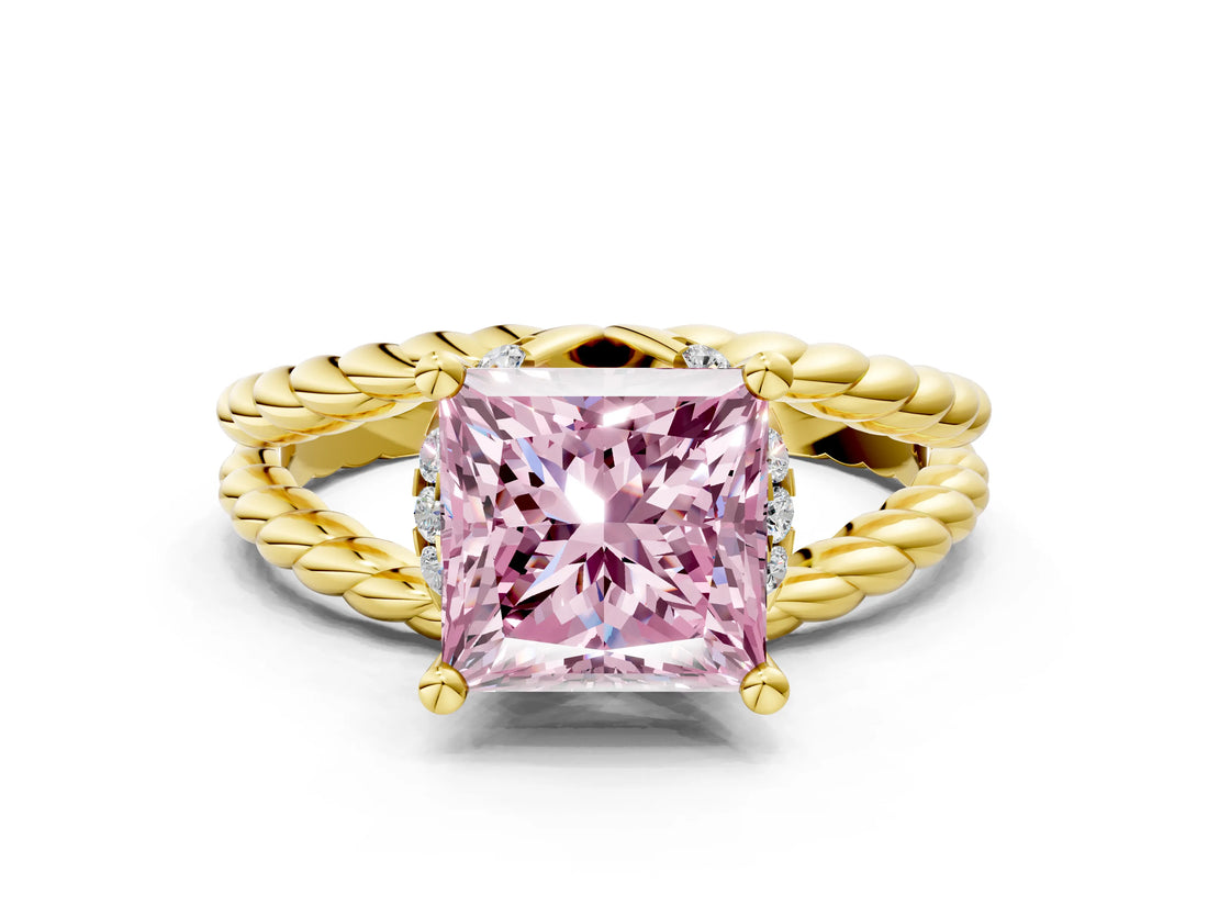 Yellow gold Fancy Pink Princess  Halo Twisted Band Four-Prong Ring_32