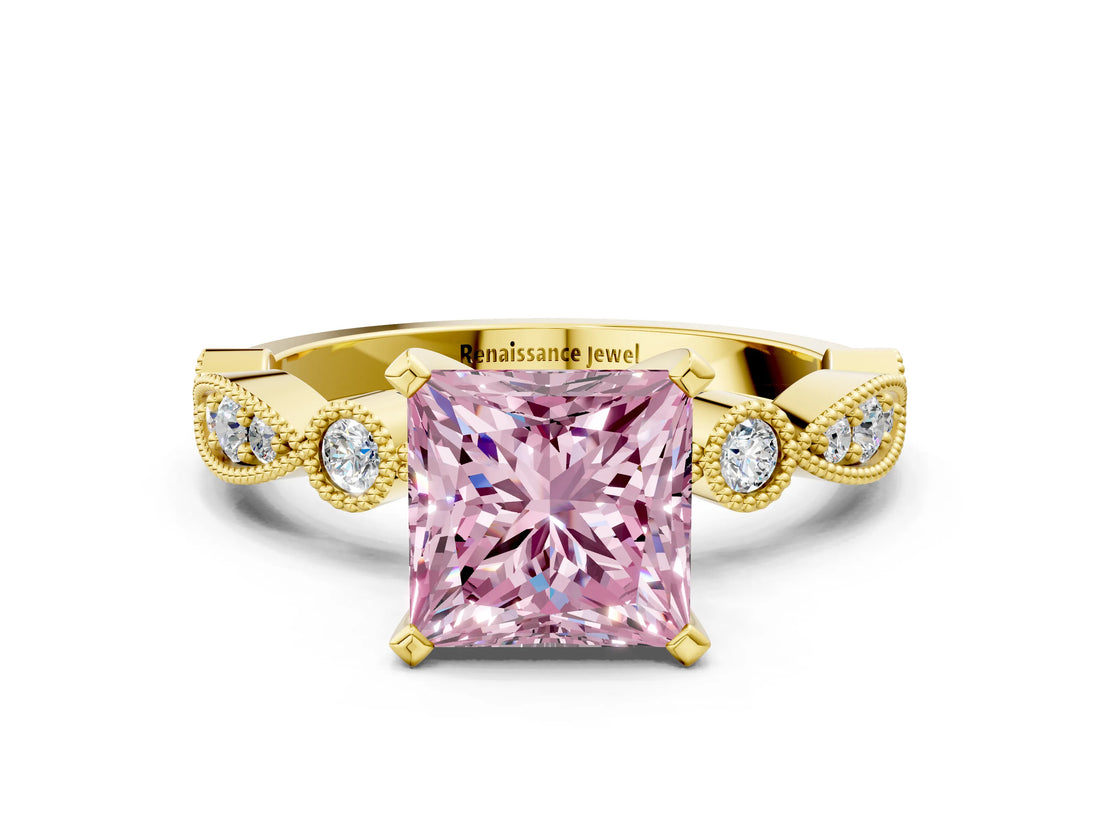 Yellow gold Fancy Pink Princess  Milgrain Bezel Diamond Engagement Ring with Solitaire Prong Setting_30