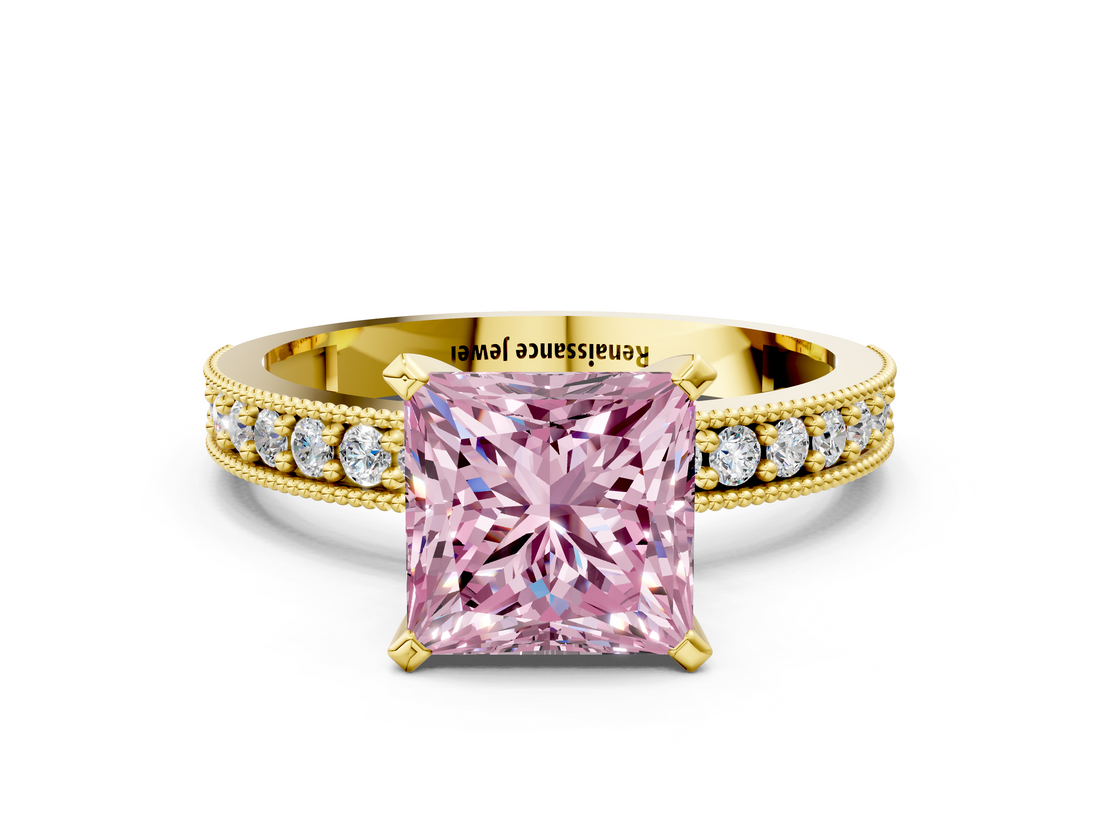 Yellow gold Fancy Pink Princess  Milgrain Pave Diamond Engagement Ring with Four-Prong Setting