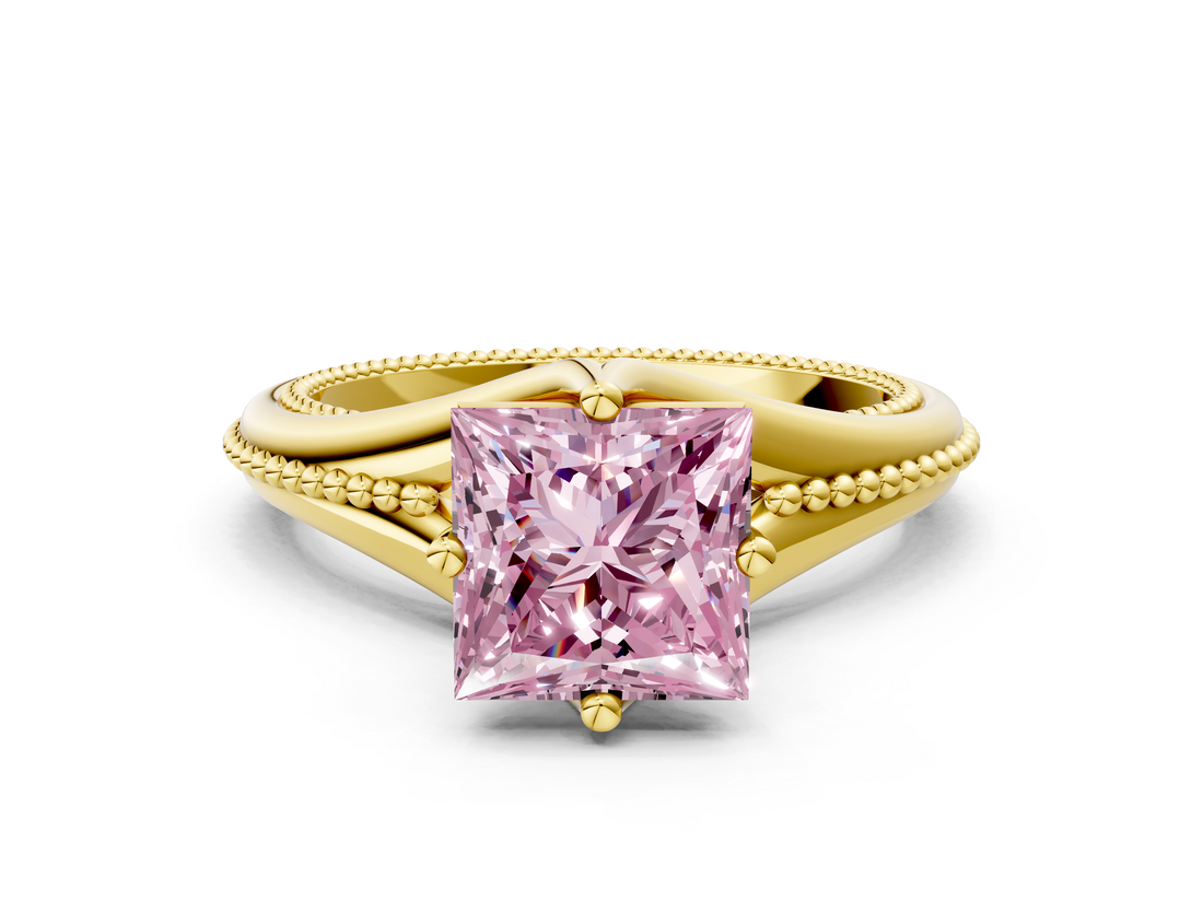 Yellow gold Fancy Pink Princess  Solitaire Beaded Band Six-Prong Setting