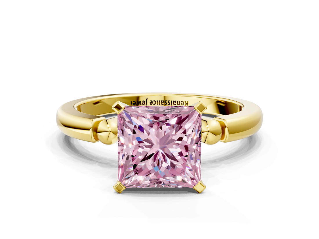 Yellow gold Fancy Pink Princess  Solitaire Beaded Band with Four-Prong Setting
