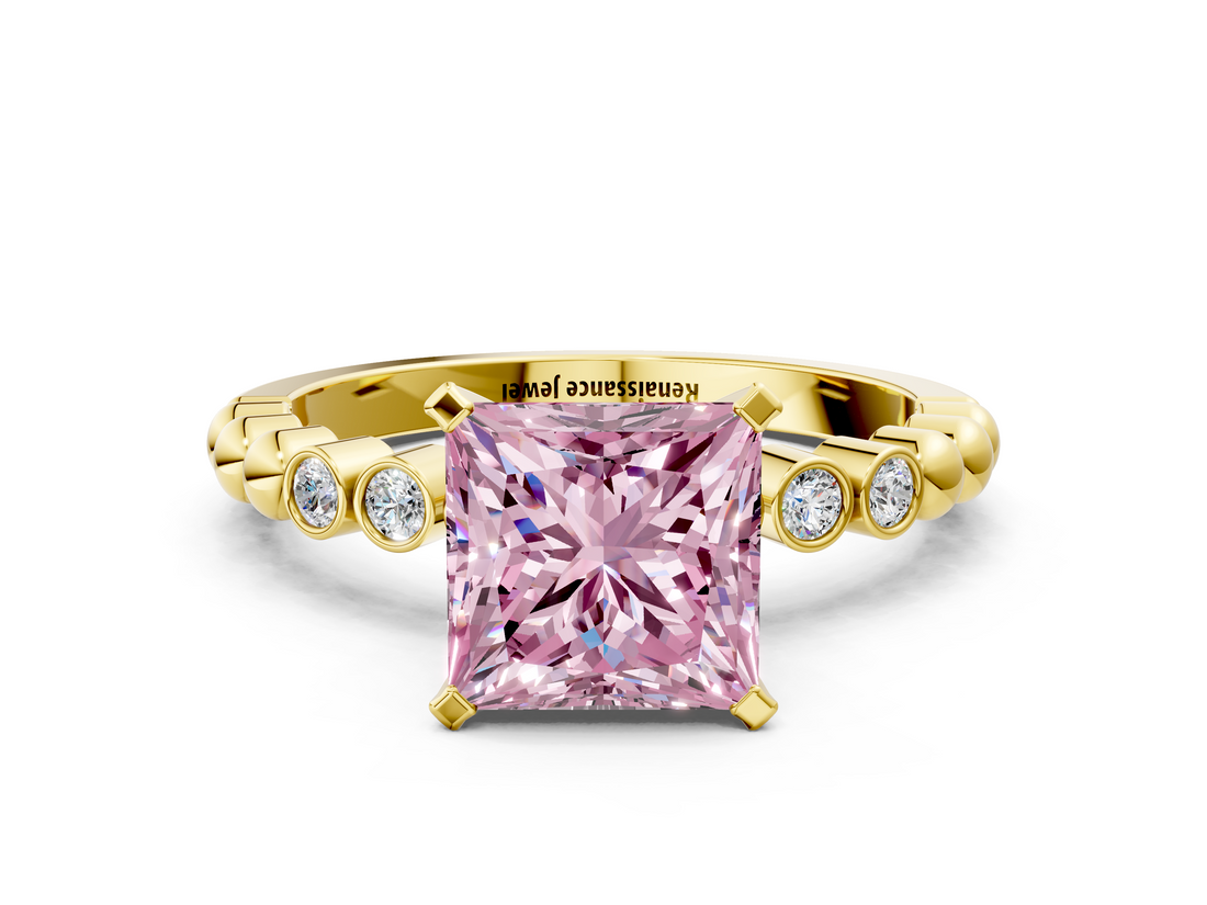 Yellow gold Fancy Pink Princess  Solitaire Bezel Accent Diamond Engagement Ring with Beaded Band and Four-Prong Setting