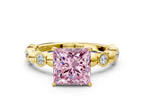 Yellow gold Fancy Pink Princess  Solitaire Bezel-Set Diamond Ring with Beaded Band and Four-Prong Setting_29