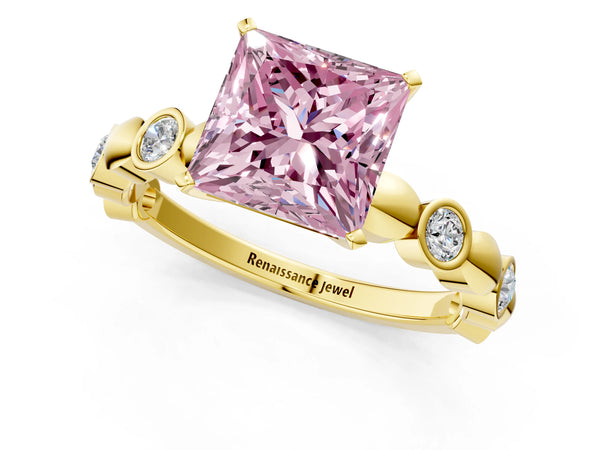 Yellow gold Fancy Pink Princess  Solitaire Bezel-Set Diamond Ring with Beaded Band and Four-Prong Setting