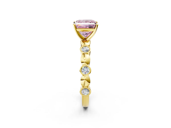 Yellow gold Fancy Pink Princess  Solitaire Bezel-Set Diamond Ring with Beaded Band and Four-Prong Setting