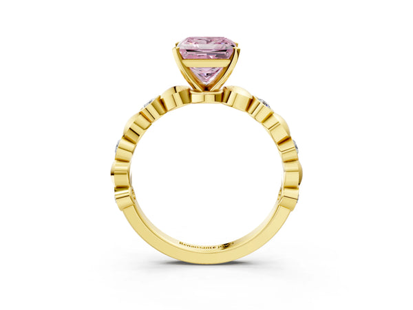 Yellow gold Fancy Pink Princess  Solitaire Bezel-Set Diamond Ring with Beaded Band and Four-Prong Setting
