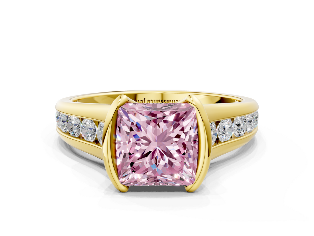 Yellow gold Fancy Pink Princess  Solitaire Bezel-Set Diamond Ring with Channel-Set Band
