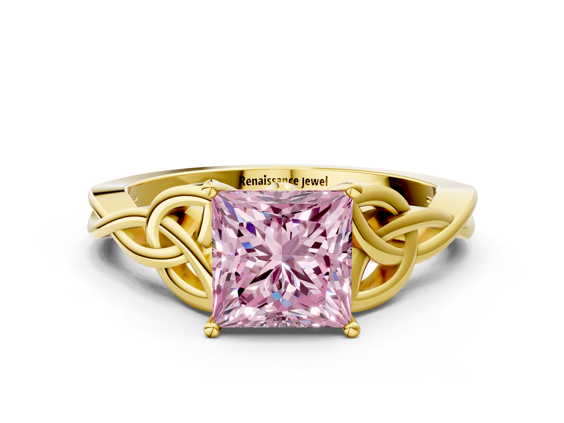 Yellow gold Fancy Pink Princess  Solitaire Celtic Knot Engagement Ring with Four-Prong Setting