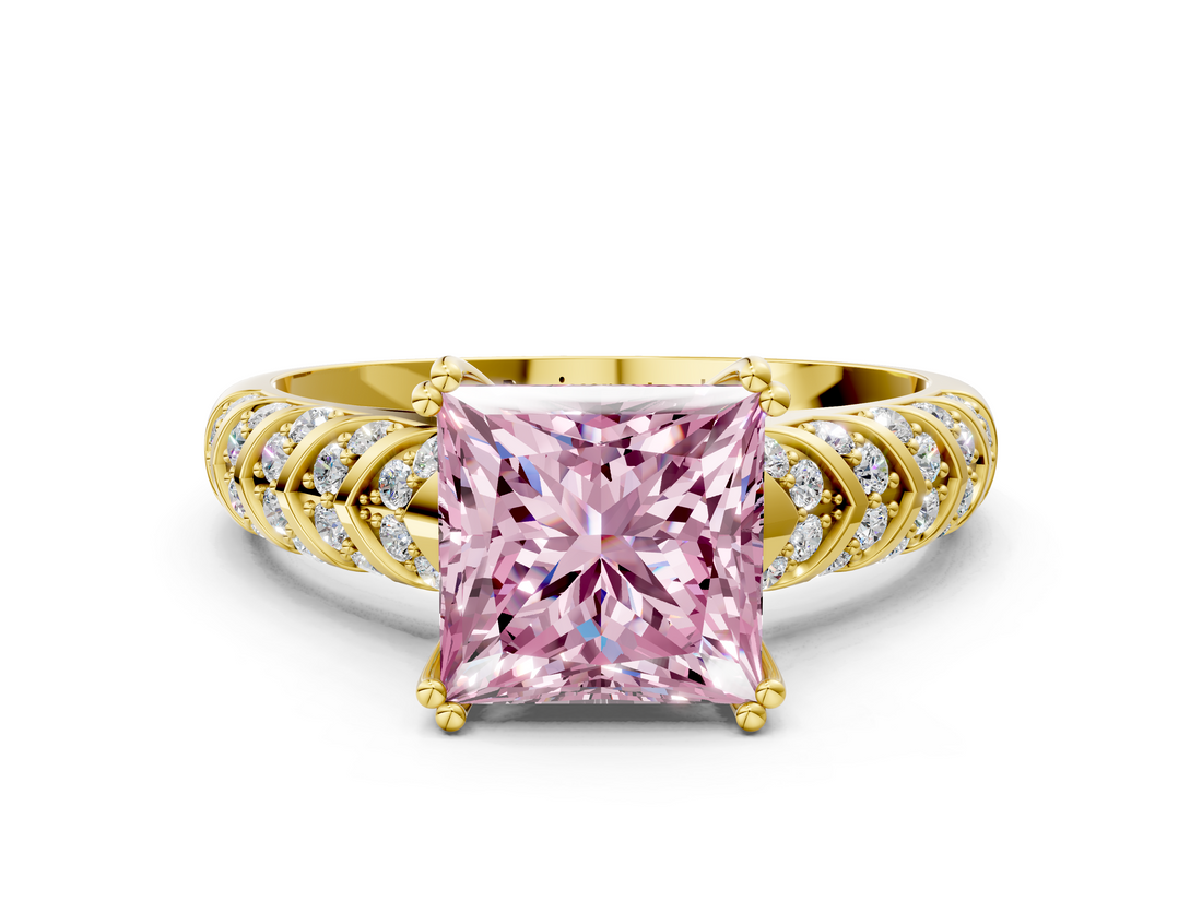Yellow gold Fancy Pink Princess  Solitaire Chevron Pave Diamond Engagement Ring with Six-Prong Setting