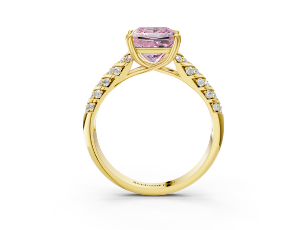 Yellow gold Fancy Pink Princess  Solitaire Chevron Pave Diamond Engagement Ring with Six-Prong Setting