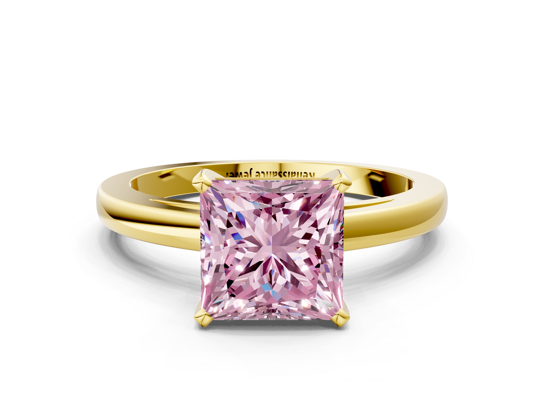 Yellow gold Fancy Pink Princess  Solitaire Diamond Engagement Ring with Four-Prong Setting on a Classic Band_3