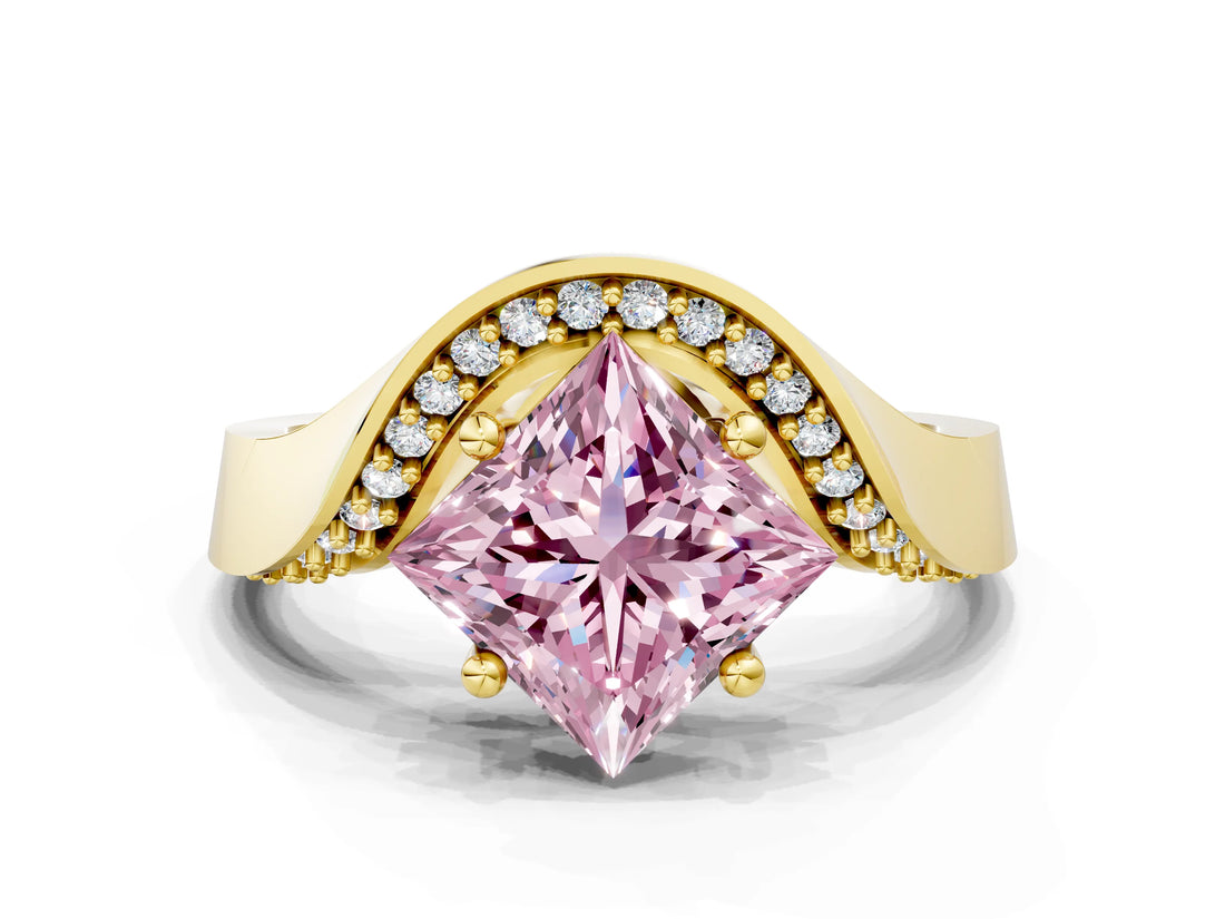 Yellow gold Fancy Pink Princess  Solitaire Diamond Engagement Ring with Pave Band and Four-Prong Setting 1
