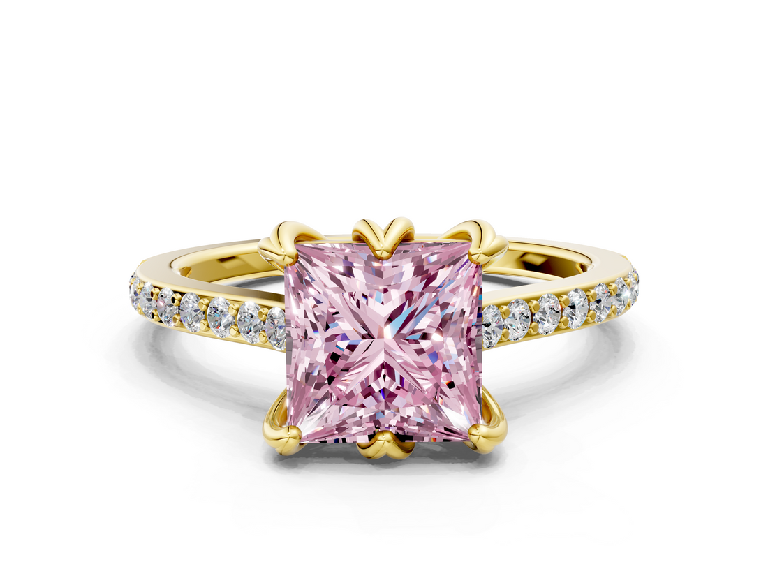 Yellow gold Fancy Pink Princess  Solitaire Diamond Engagement Ring with Pave Band and Six-Prong Setting