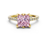 Yellow gold Fancy Pink Princess  Solitaire Diamond Engagement Ring with Pave Band and Six-Prong Setting