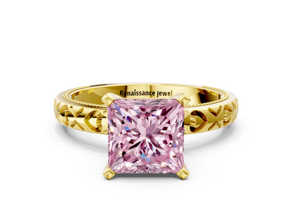 Yellow gold Fancy Pink Princess  Solitaire Diamond Engagement Ring with XO Engraved Band and Four-Prong Setting