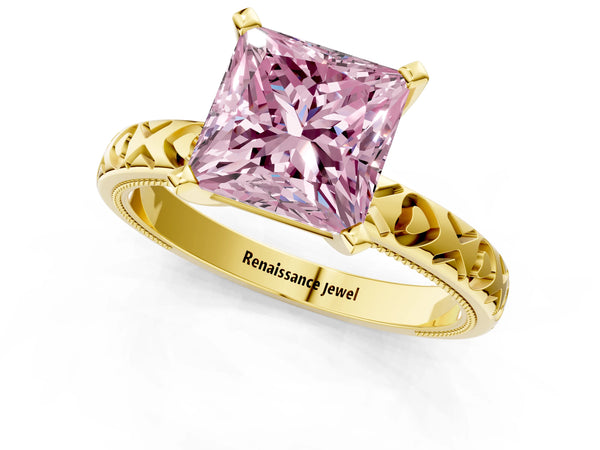 Yellow gold Fancy Pink Princess  Solitaire Diamond Engagement Ring with XO Engraved Band and Four-Prong Setting