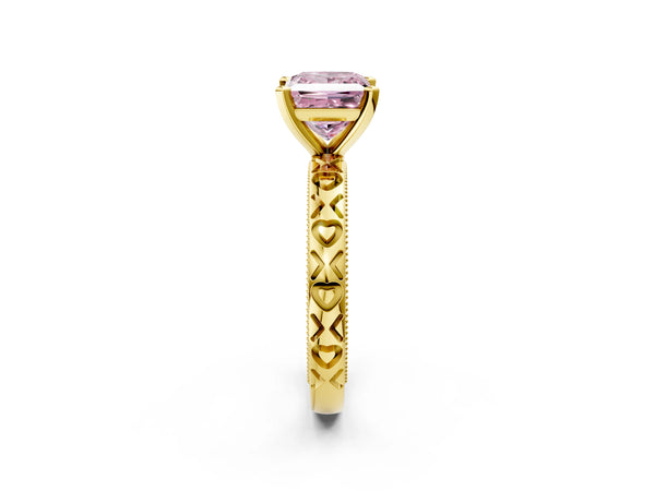 Yellow gold Fancy Pink Princess  Solitaire Diamond Engagement Ring with XO Engraved Band and Four-Prong Setting