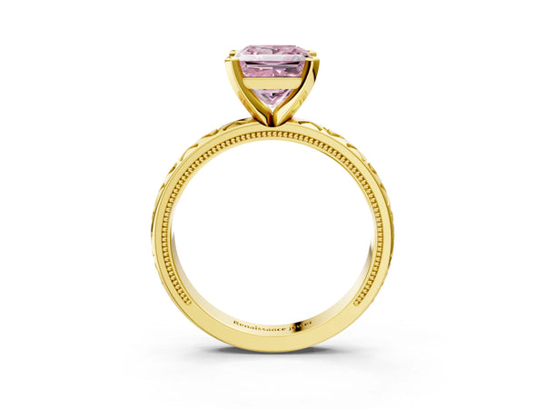 Yellow gold Fancy Pink Princess  Solitaire Diamond Engagement Ring with XO Engraved Band and Four-Prong Setting