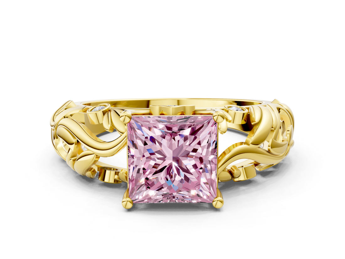 Yellow gold Fancy Pink Princess  Solitaire Diamond Leaf Vine Band with Prong Setting