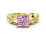 Yellow gold Fancy Pink Princess  Solitaire Diamond Leaf Vine Band with Prong Setting