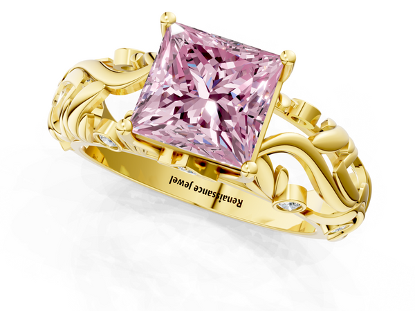 Yellow gold Fancy Pink Princess Cut Solitaire Diamond Leaf-Inspired Vine Band Ring with Prong Setting