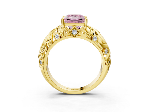 Yellow gold Fancy Pink Princess Cut Solitaire Diamond Leaf-Inspired Vine Band Ring with Prong Setting