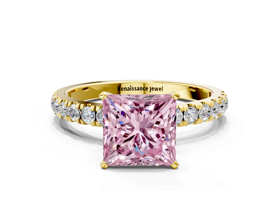 Yellow gold Fancy Pink Princess  Solitaire Diamond Pavé Band with Four-Prong Setting