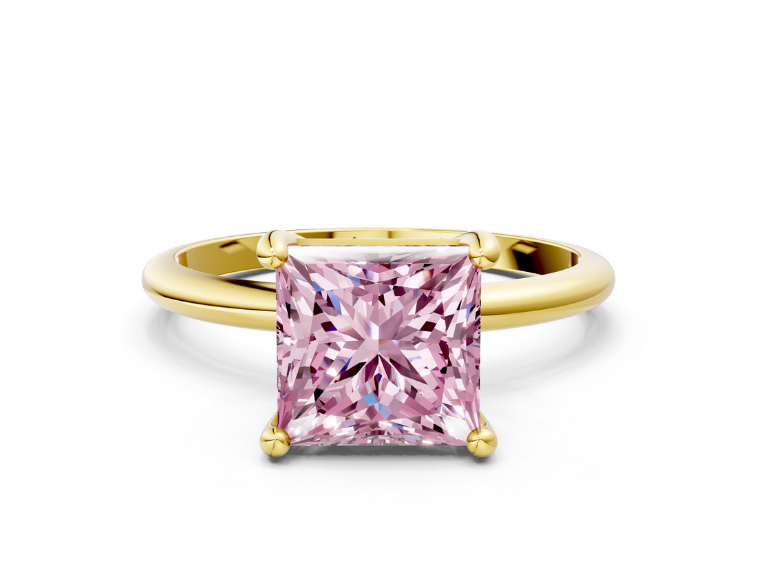 Yellow gold Fancy Pink Princess  Solitaire Diamond Ring with 4-Prong Setting on a Classic Band_3