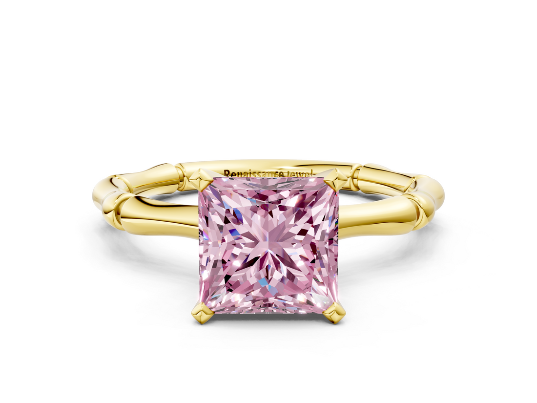 Yellow gold Fancy Pink Princess  Solitaire Diamond Ring with Bamboo Band and Four-Prong Setting