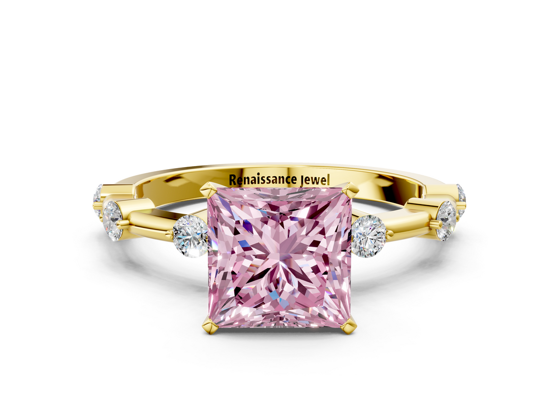 Yellow gold Fancy Pink Princess  Solitaire Diamond Ring with Bezel Set Side Stones and Prong Setting