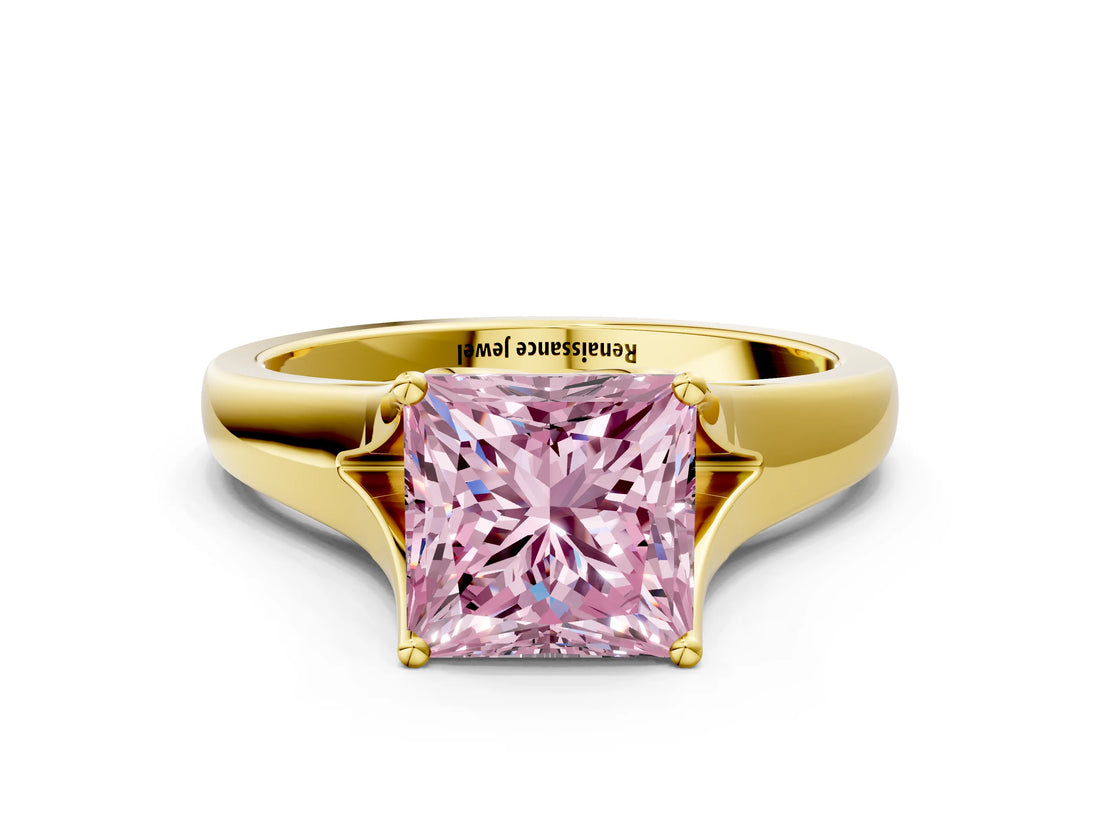 Yellow gold Fancy Pink Princess  Solitaire Diamond Ring with Cathedral Band and Four-Prong Setting_29