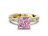 Yellow gold Fancy Pink Princess  Solitaire Diamond Ring with Channel-Set Baguette Band and Four-Prong Setting