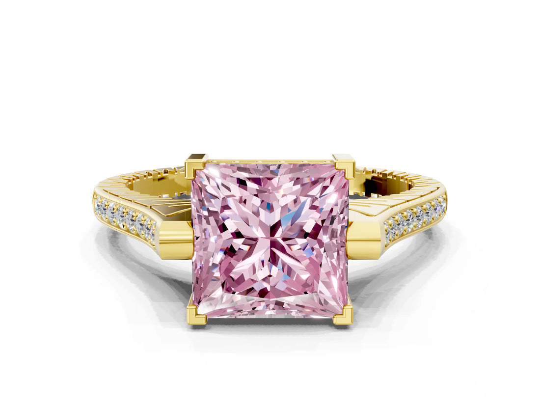 Yellow gold Fancy Pink Princess  Solitaire Diamond Ring with Channel Set Band and Bezel Prong Setting_51