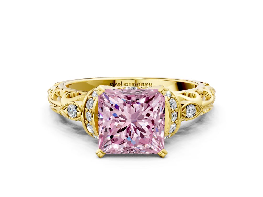 Yellow gold Fancy Pink Princess  Solitaire Diamond Ring with Filigree Band and Four-Prong Setting
