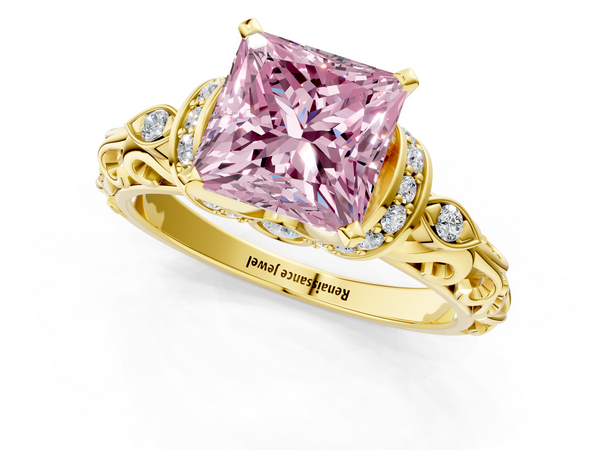 Yellow gold Fancy Pink Princess Cut Diamond Solitaire Ring with Filigree Band and Four-Prong Setting