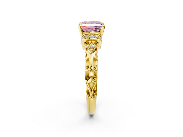 Yellow gold Fancy Pink Princess Cut Diamond Solitaire Ring with Filigree Band and Four-Prong Setting