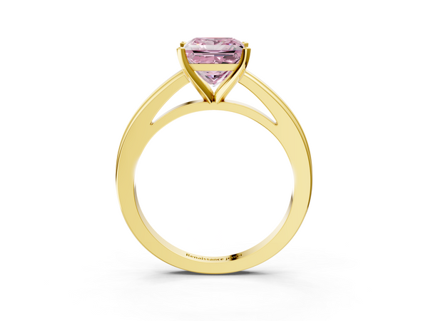 Yellow gold Fancy Pink Princess  Solitaire Diamond Ring with Four-Prong Setting and Classic Band