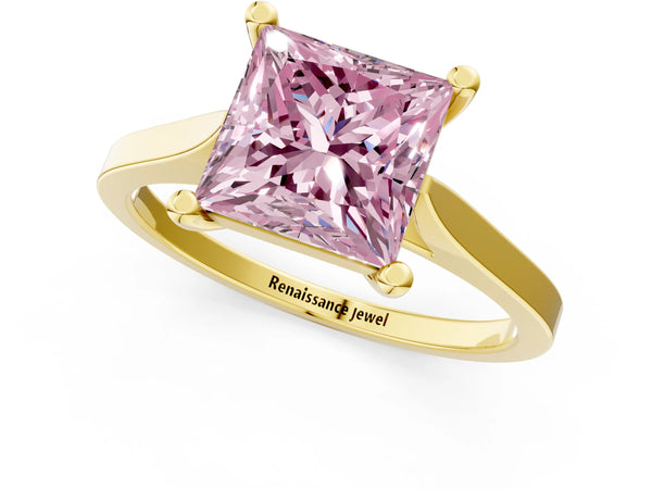 Yellow gold Fancy Pink Princess  Solitaire Diamond Ring with Four-Prong Setting and Tapered Band