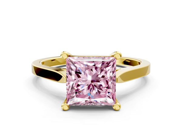 Yellow gold Fancy Pink Princess  Solitaire Diamond Ring with Four-Prong Setting and Tapered Band