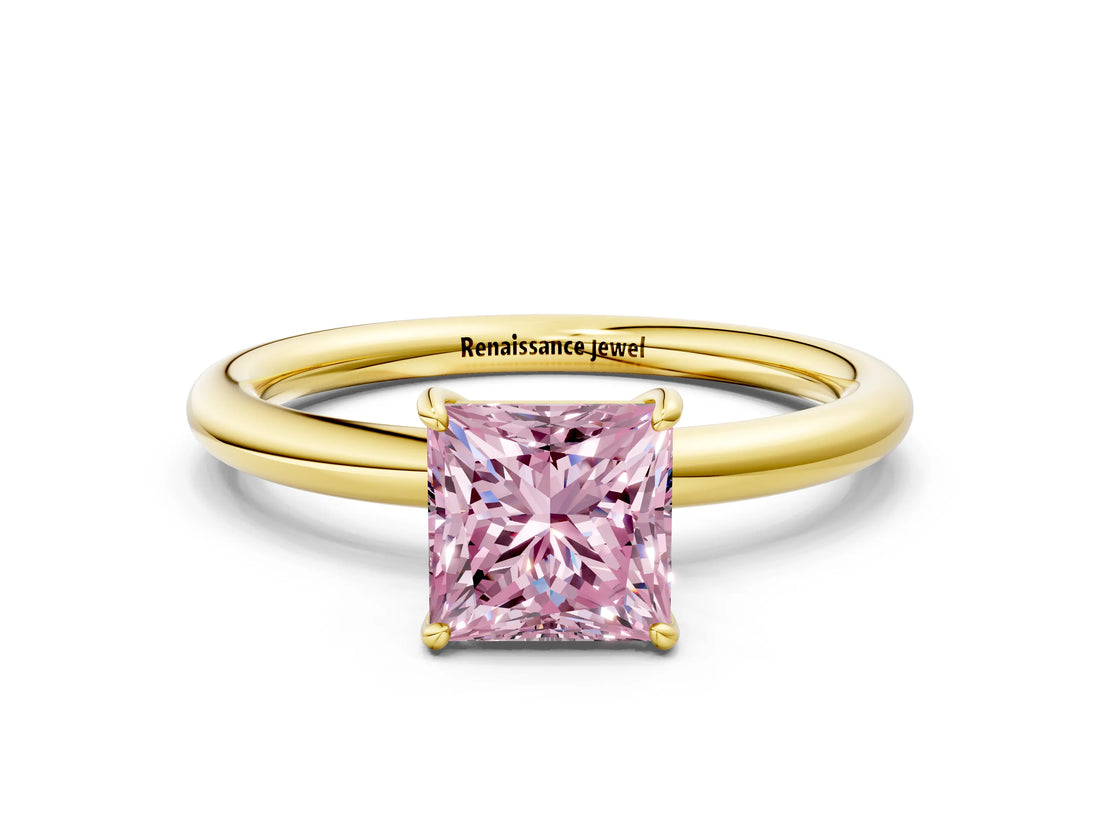 Yellow gold Fancy Pink Princess  Solitaire Diamond Ring with Four-Prong Setting on a Plain Band_20